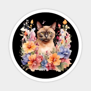 A burmese cat decorated with beautiful watercolor flowers Magnet